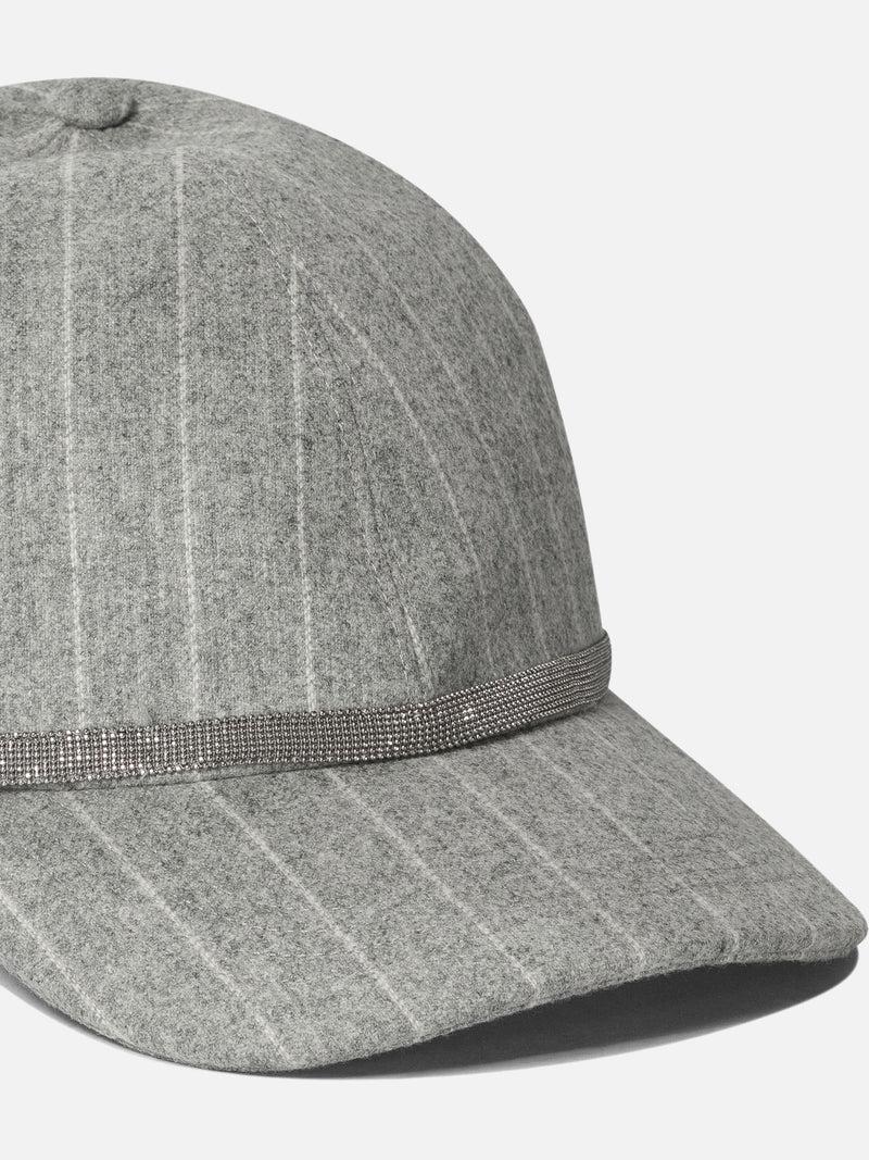 Vietti Brunello Cucinelli Cappellino in flanella gessato con Shiny Band Nuovo